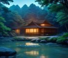 电竞赛场选手专注比赛，大屏幕英雄联盟画面背景灯光绚丽